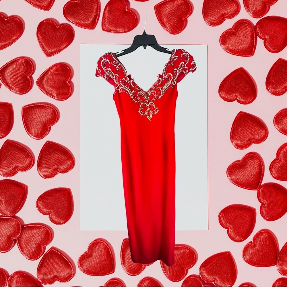 Vibrant red beaded Alyce Designs Dress